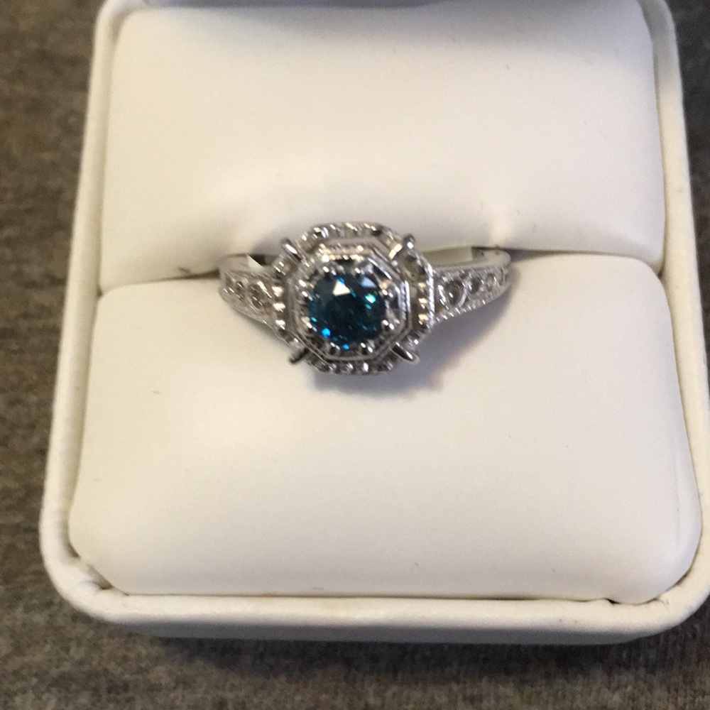 Fancy Intense Blue Diamond Solitaire Art Deco Ring - Picture 5 of 8